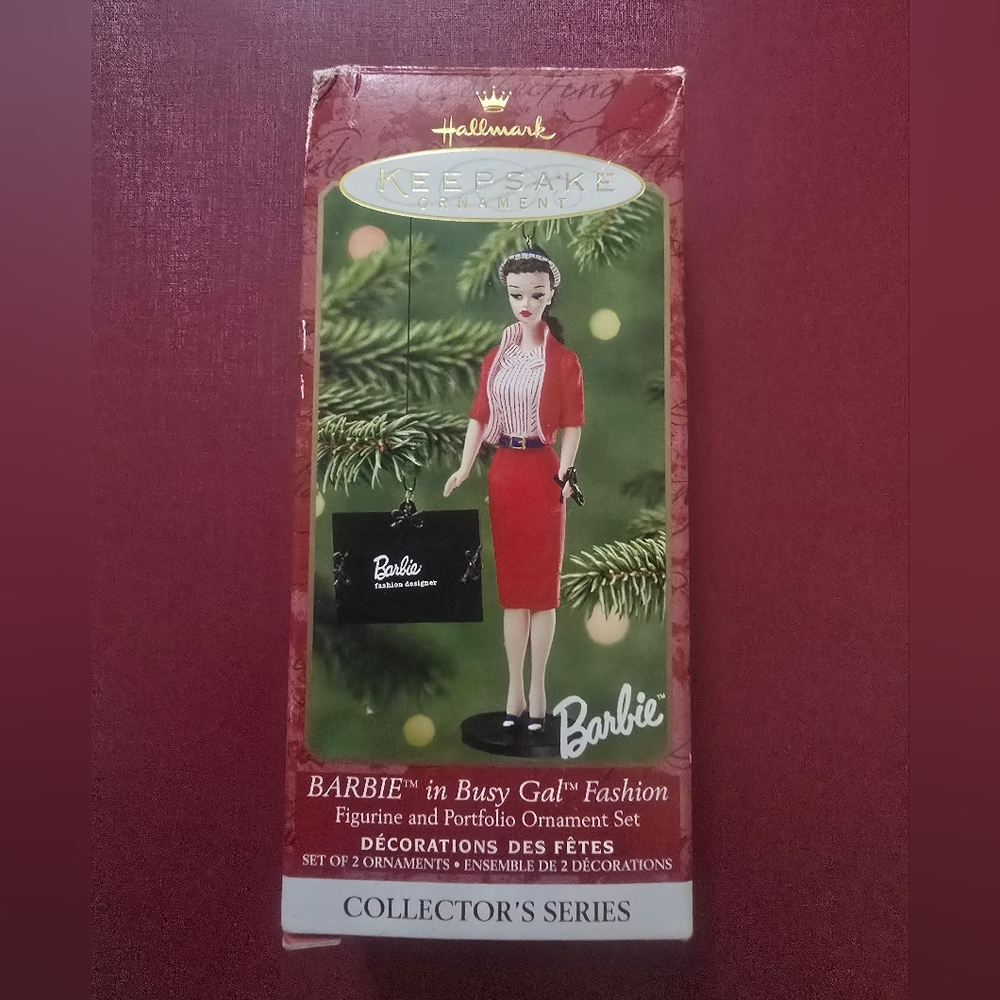 Retro 2001 Hallmark Keepsake Barbie in Busy Gal Fashion Ornament~